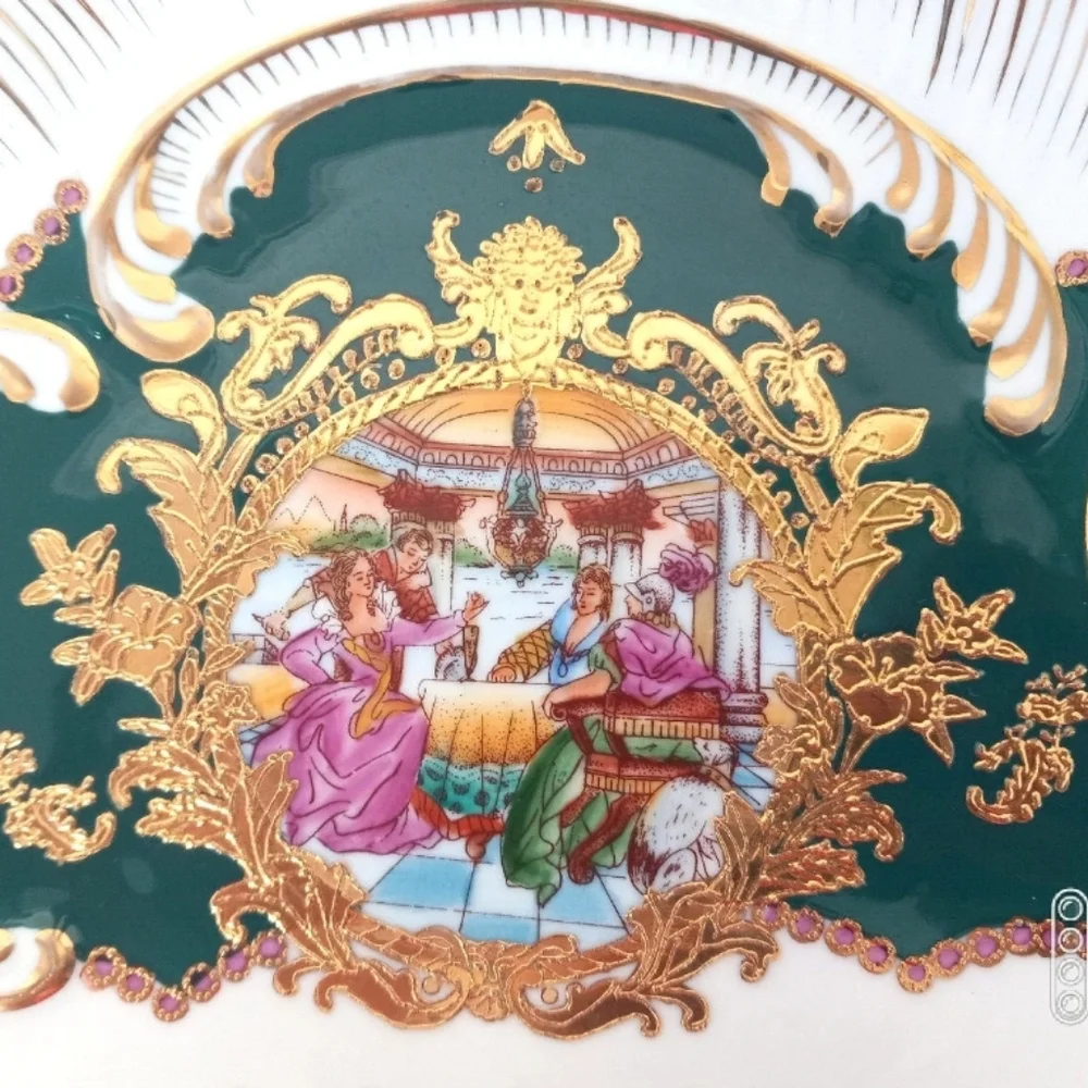 Ornate Gold Gilt Porcelain Handled Plate Green Victorian Romantic Scene